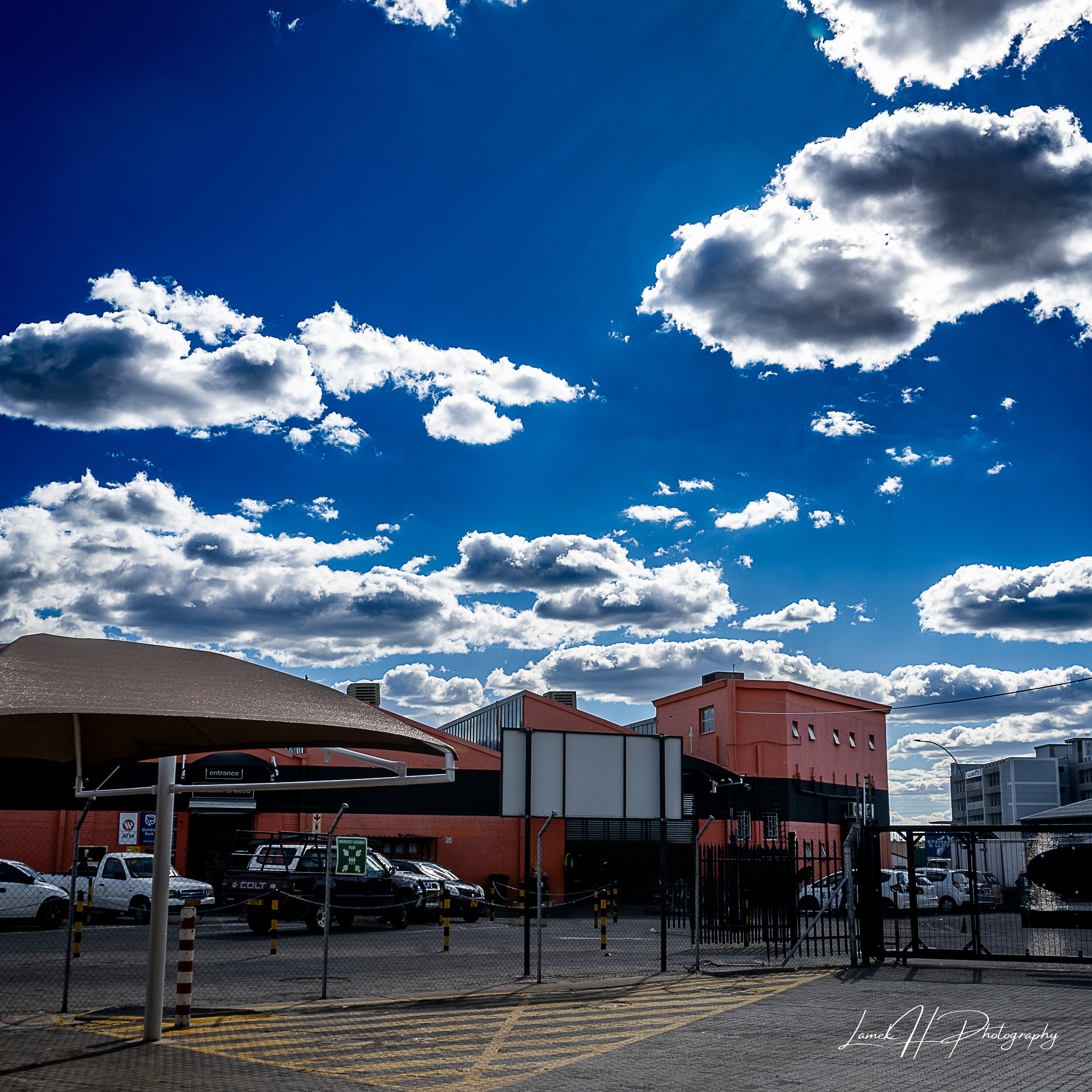 Golden grasslands under a vast blue sky in rural Namibia