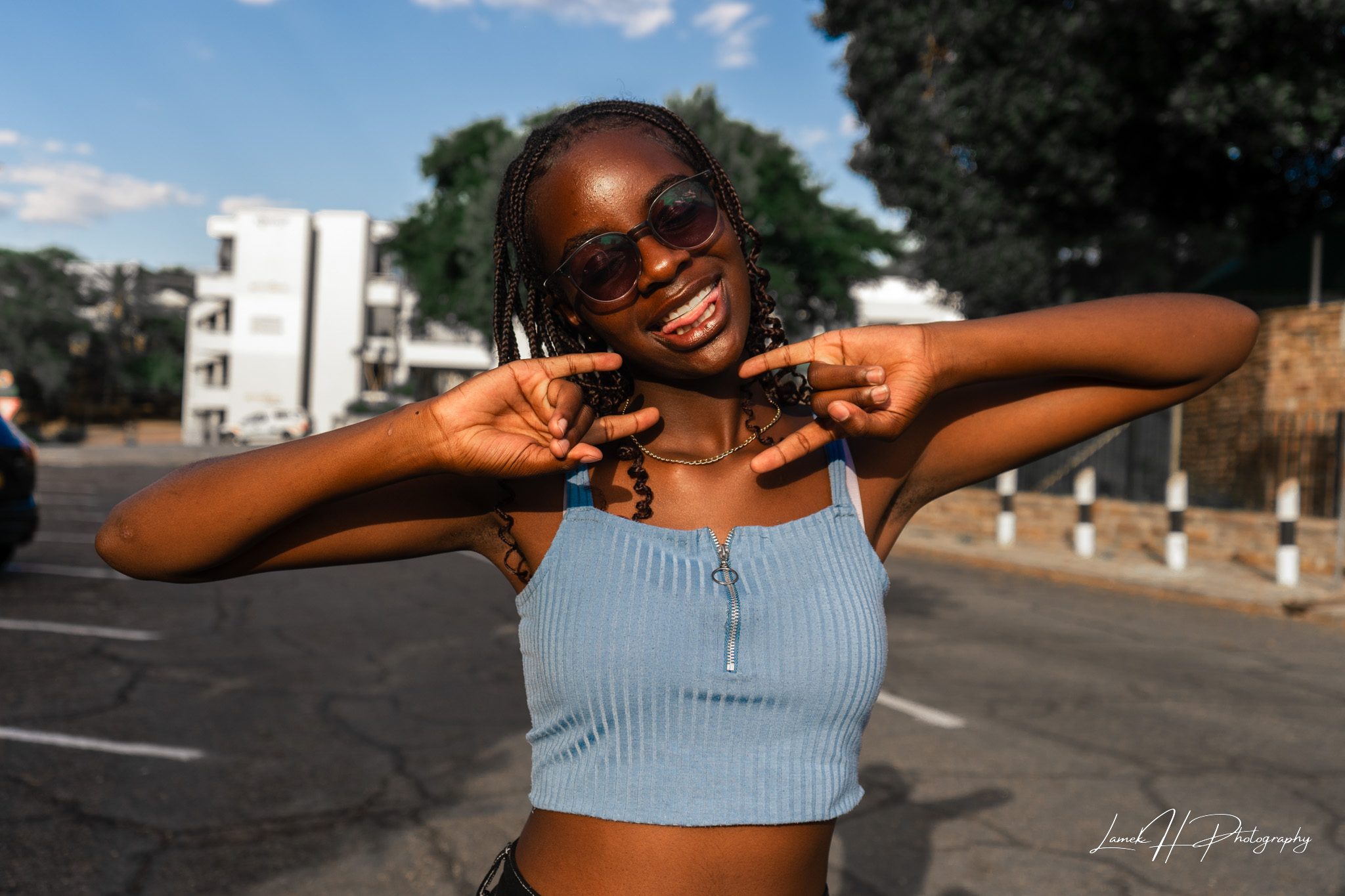 Stylish outdoor portrait with golden sunset lighting